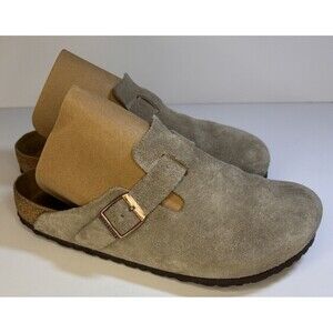 Birkenstock Taupe Suede Clogs with Buckle